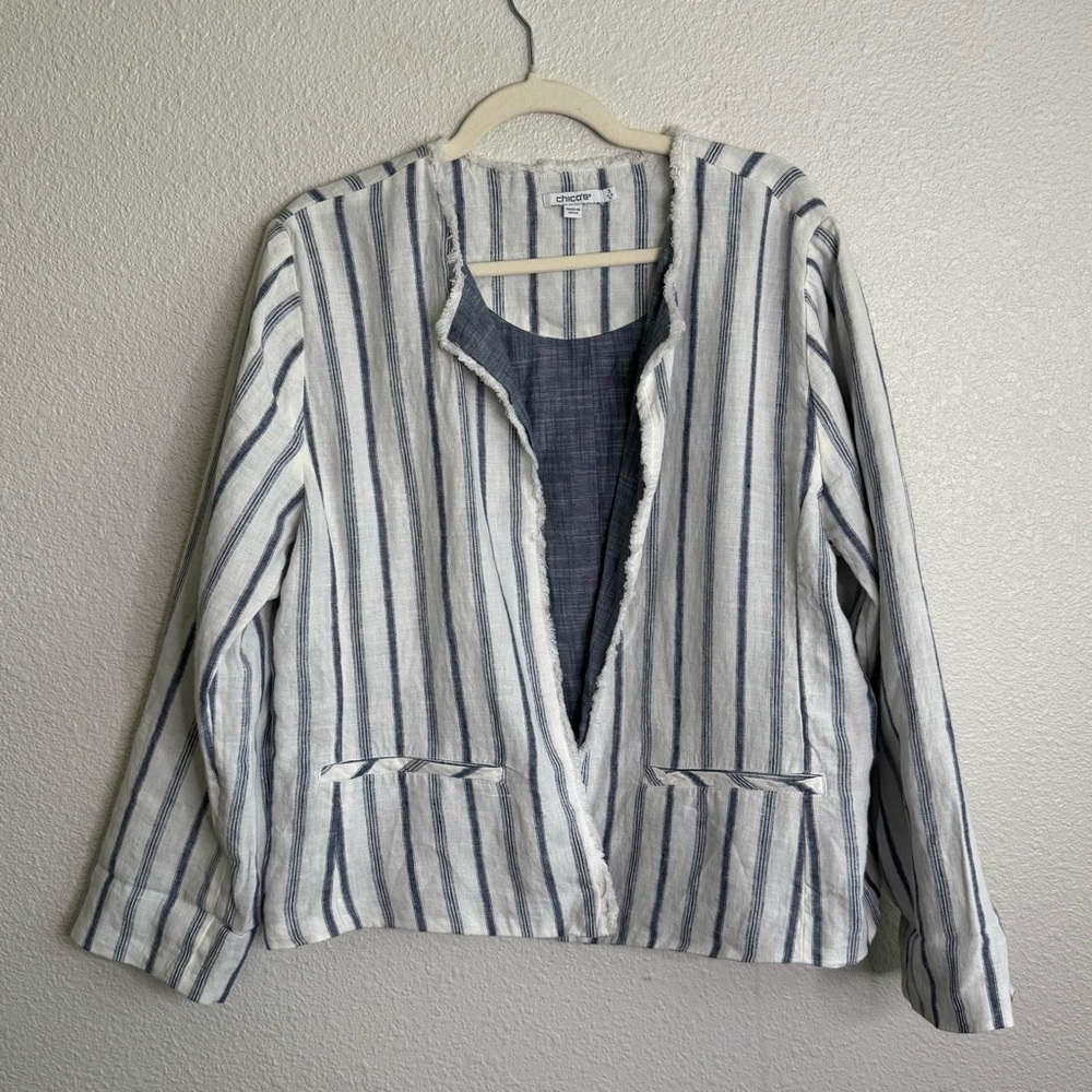 Chico's Womens Size 16 100% Open Front Striped Casual Blazer Jacket Fringe Boho